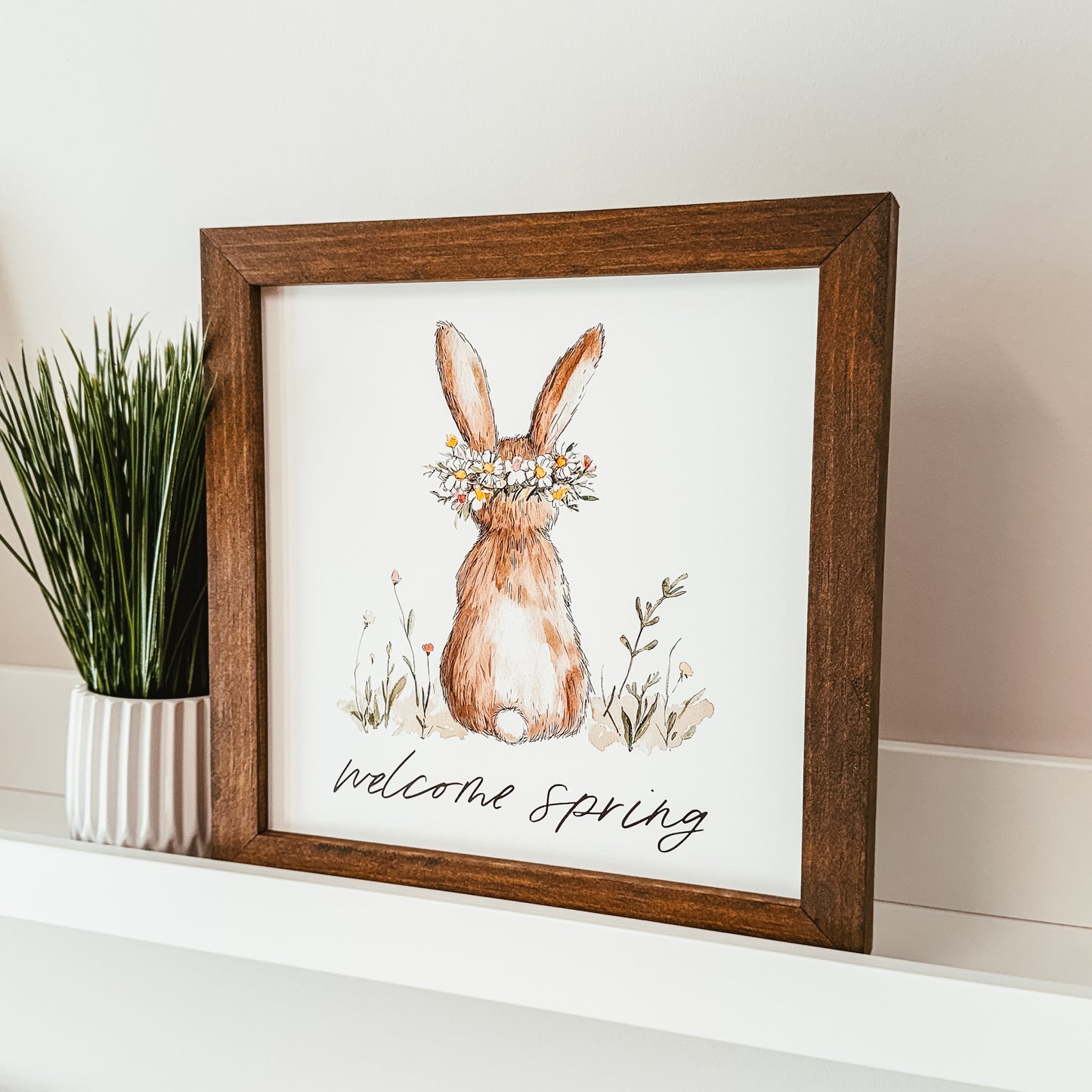 Welcome Spring Floral Bunny Framed Sign