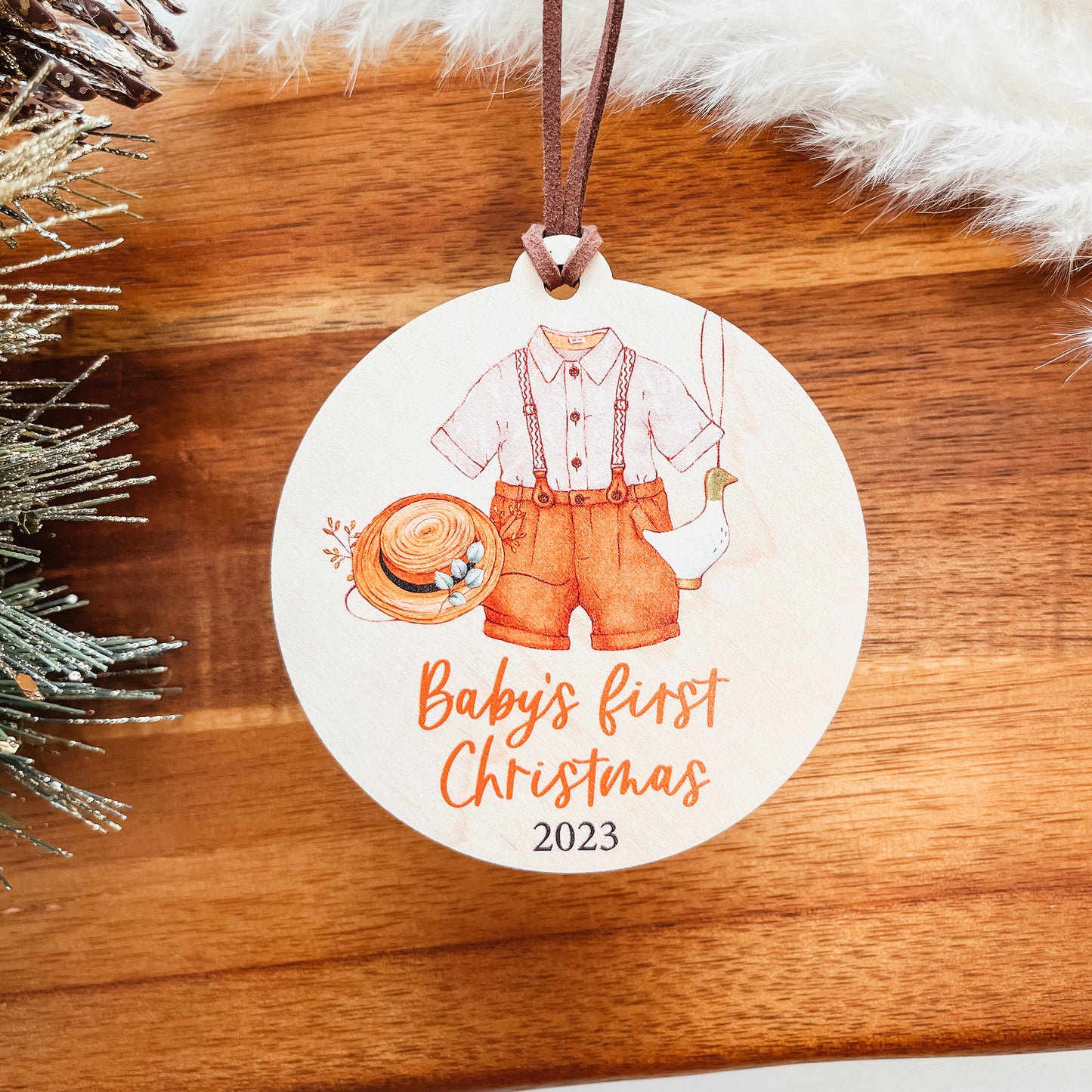 Baby's First Christmas Ornament | Wood Boho Outfit | Girl And Boy Variations