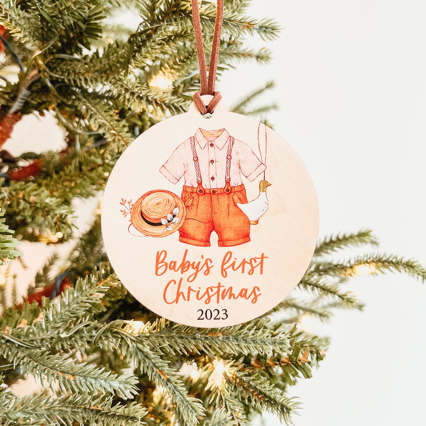 Baby's First Christmas Ornament | Wood Boho Outfit | Girl And Boy Variations