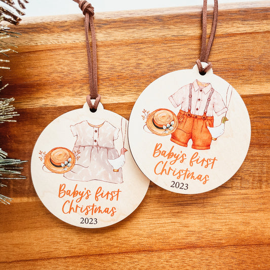 Baby's First Christmas Ornament | Wood Boho Outfit | Girl And Boy Variations